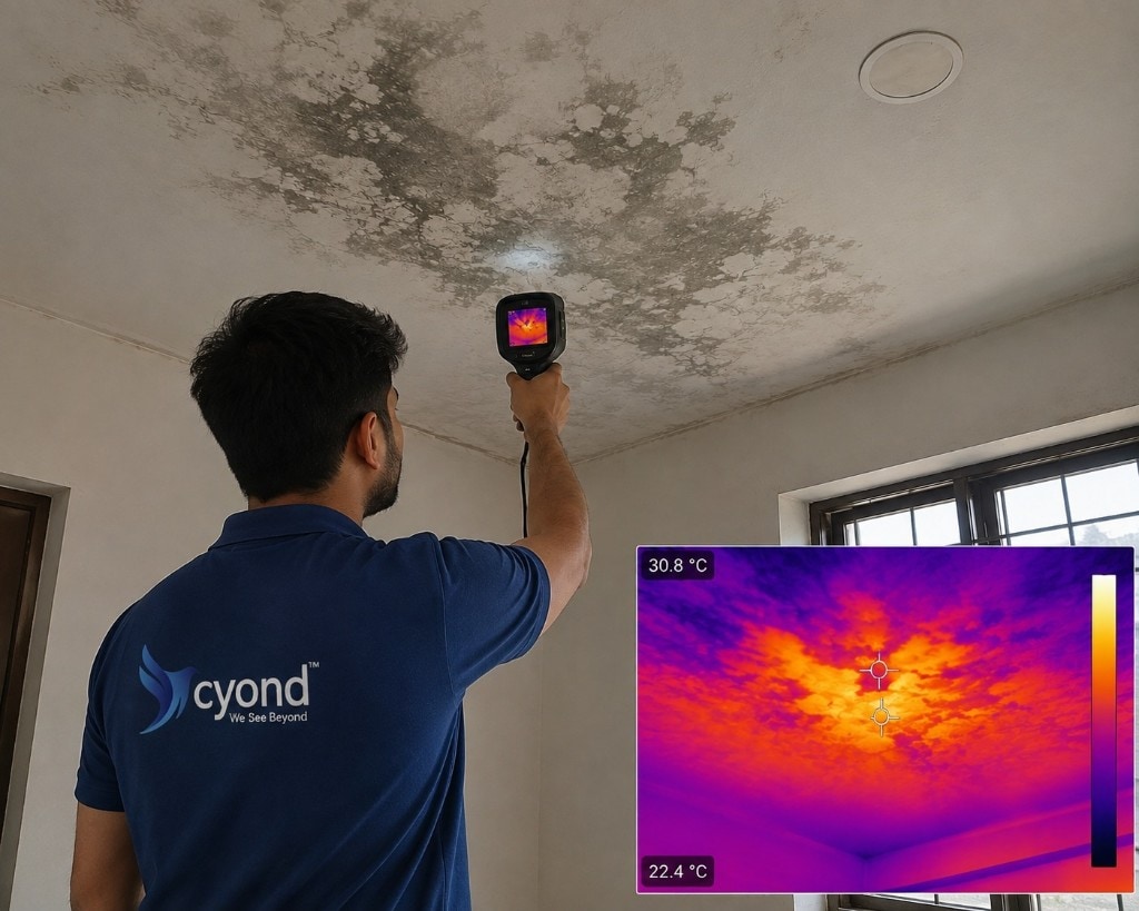 Cyond engineer using thermal imaging for water leakage diagnosis on a stained ceiling